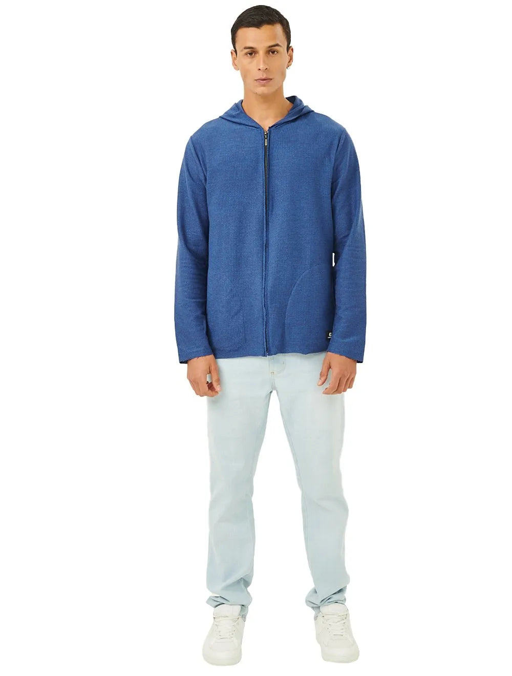Moletom Colcci Masculino Hoodie Full-Zip Texture Refile Azul Escuro Mescla