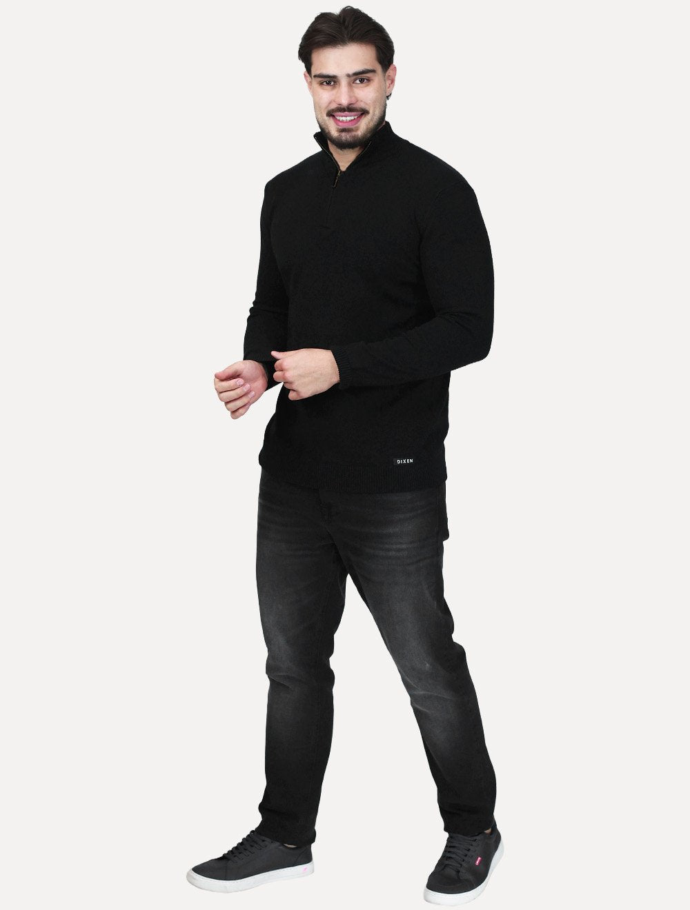 Suéter Dixen Masculina Tricot Manga Longa com Ziper Frontal Preta
