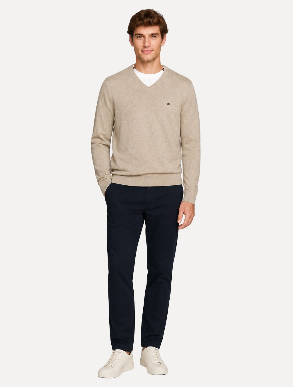 Suéter Tommy Hilfiger Masculino Signature V-Neck Cáqui Claro