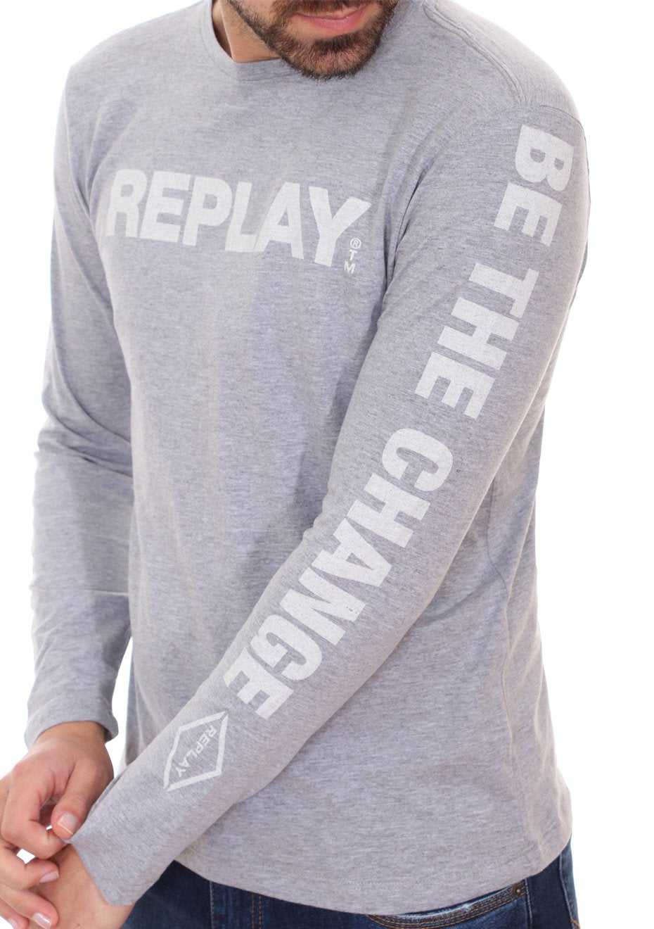 Camiseta Replay Masculina Manga Longa Logo Chest Cinza Mescla