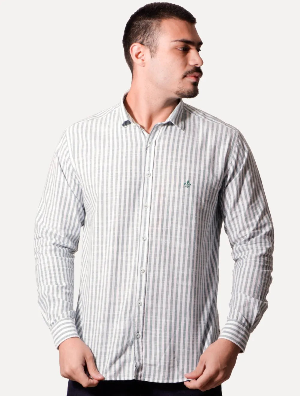 Camisa Dudalina Masculina Slim Fit Listrada Branca/Verde Médio