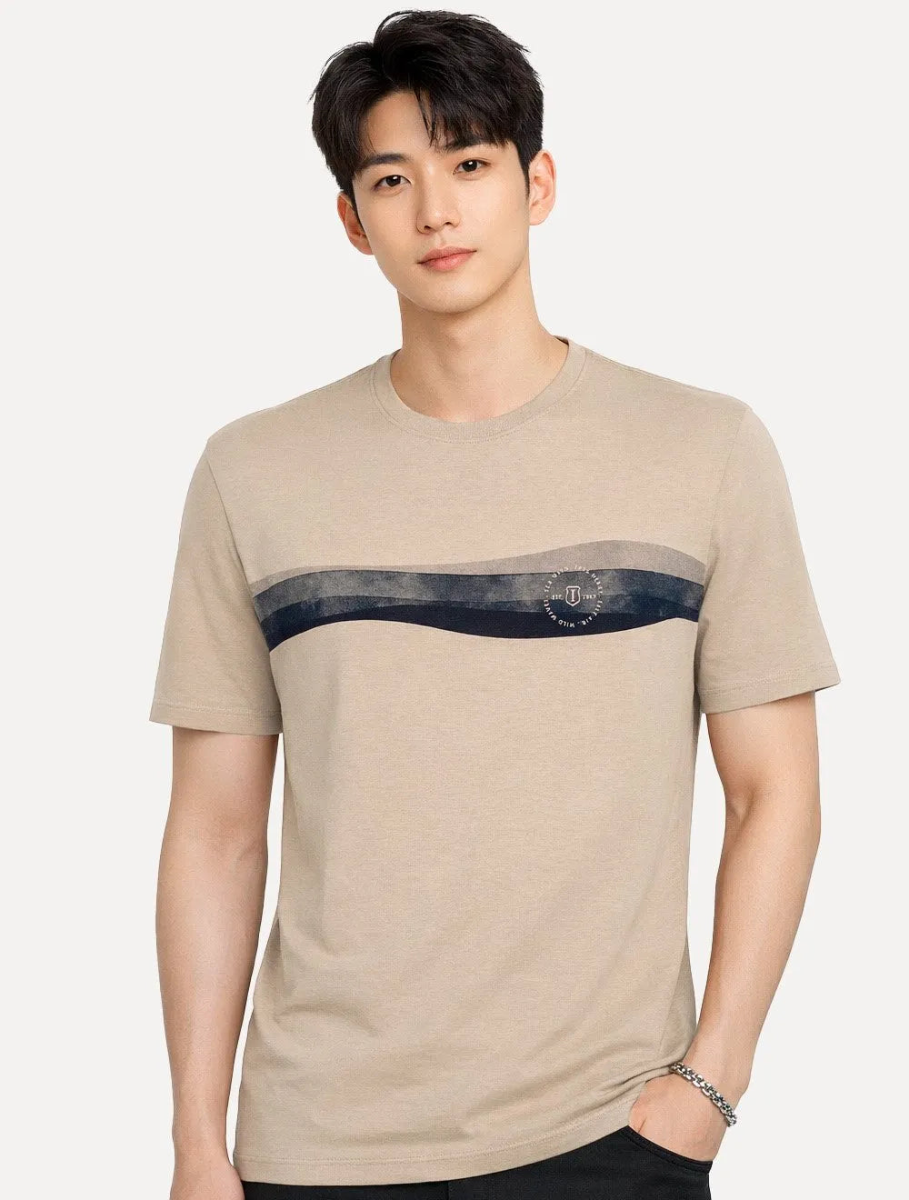 Camiseta Individual Masculina Comfort Estampada Waves Cáqui Medio