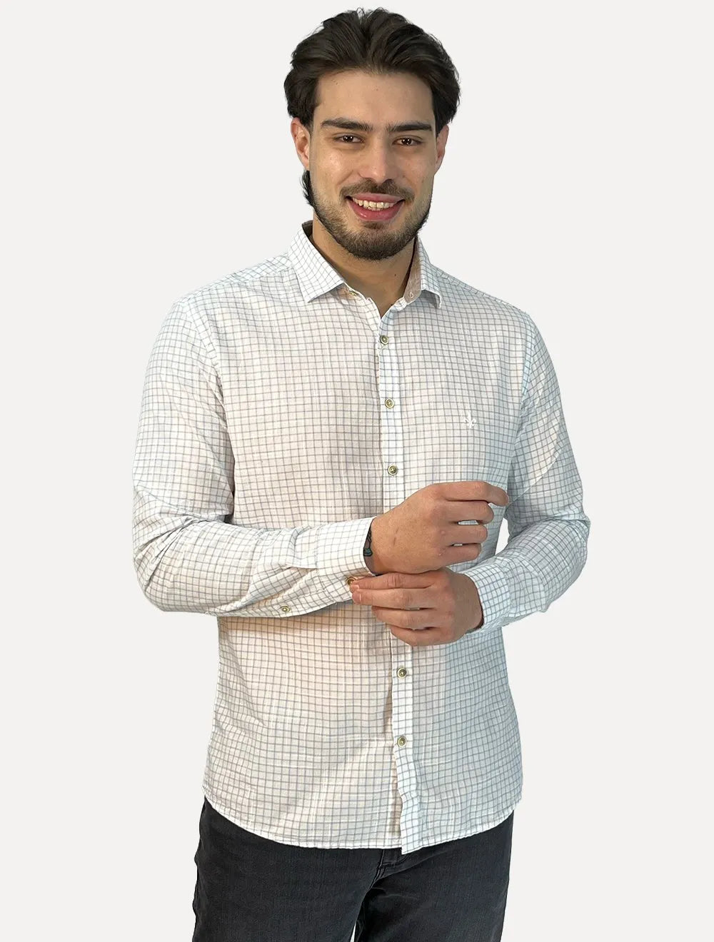 Camisa Dudalina Masculina Slim Slub Cotton Xadrez Branca