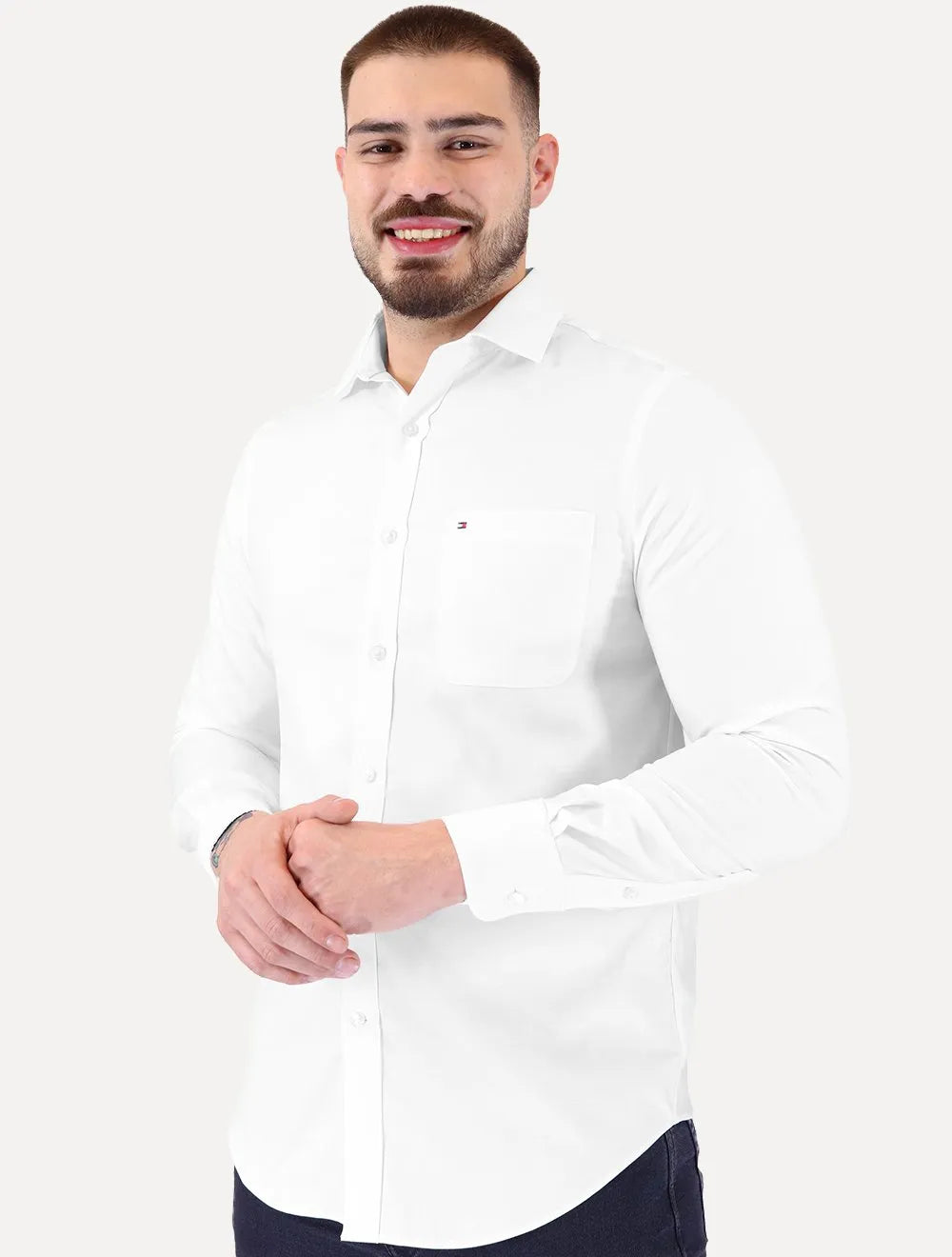 Camisa Tommy Hilfiger Masculina Regular TH Flex Textured Pocket Stretch Branco