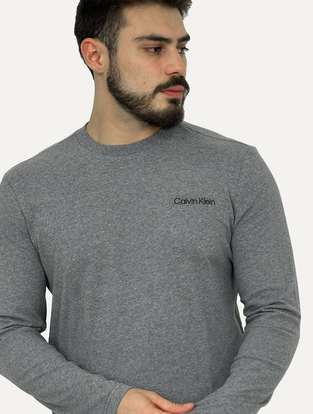 Blusa Calvin Klein Masculina Manga Longa Logo Bordado Cinza Escuro Mescla