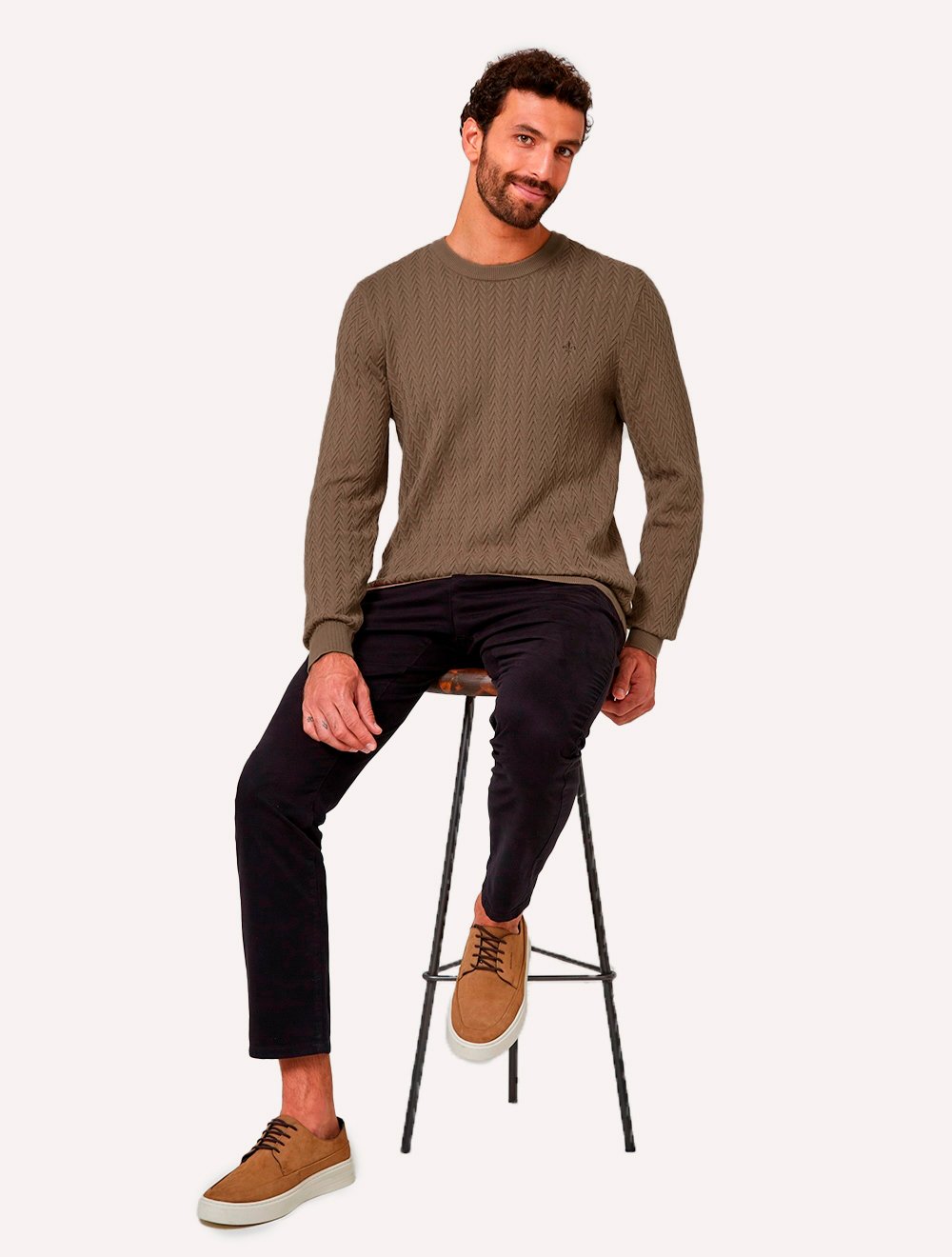 Tricot Dudalina Masculino Textura Chevron Marrom Claro