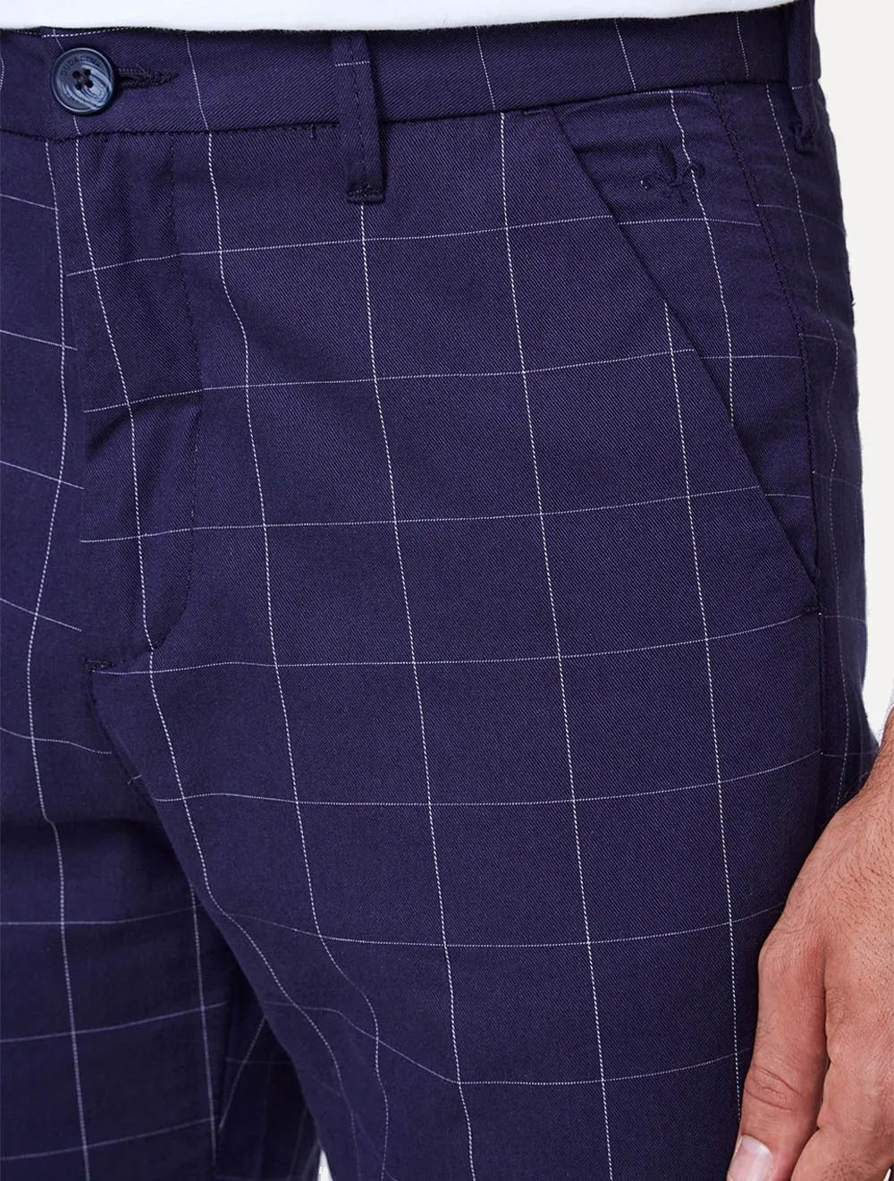 Calça Dudalina Masculina Sarja Slim Chino Xadrez Azul Marinho