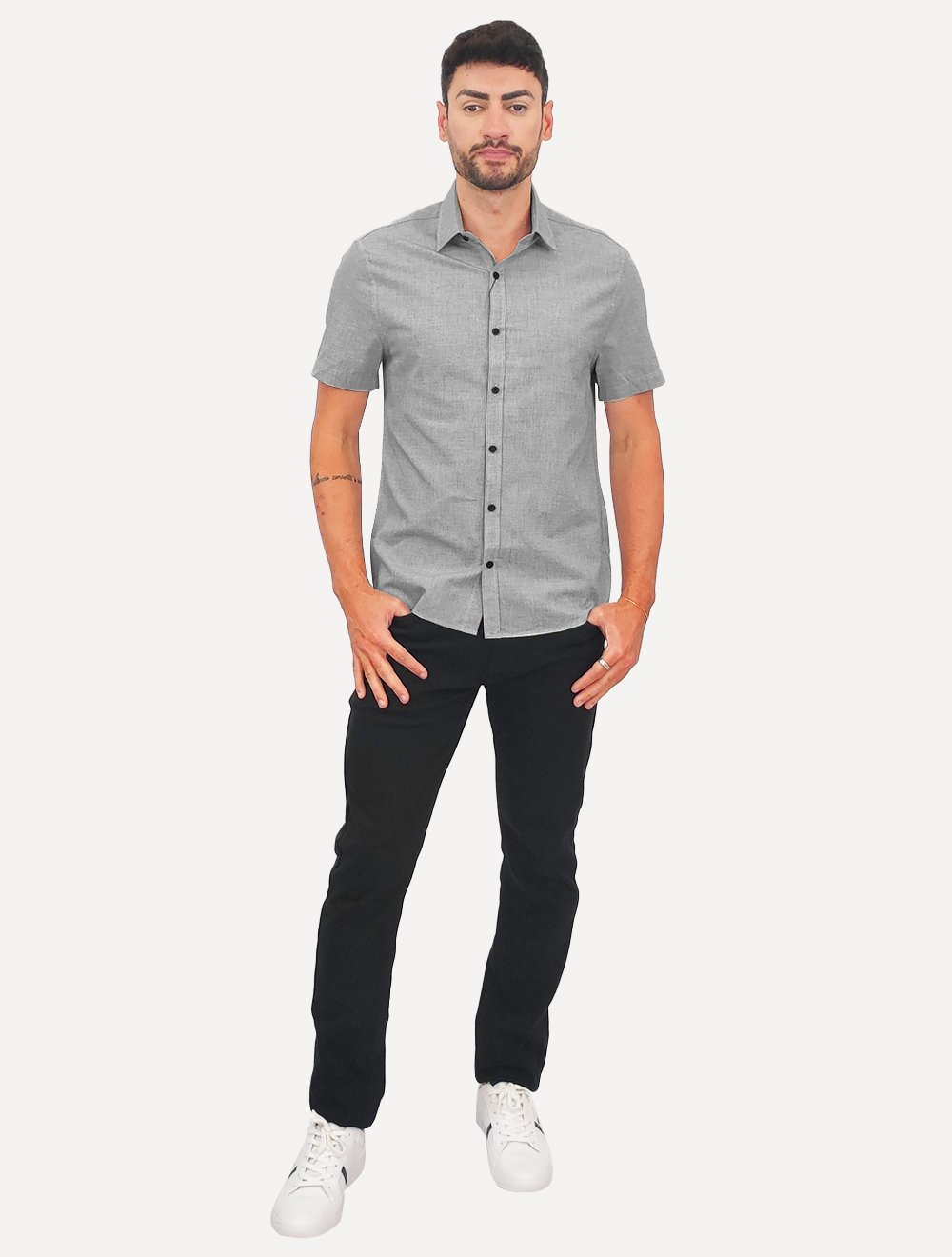 Camisa Calvin Klein Jeans Masculina Manga Curta Tela Algodão Cinza Mescla