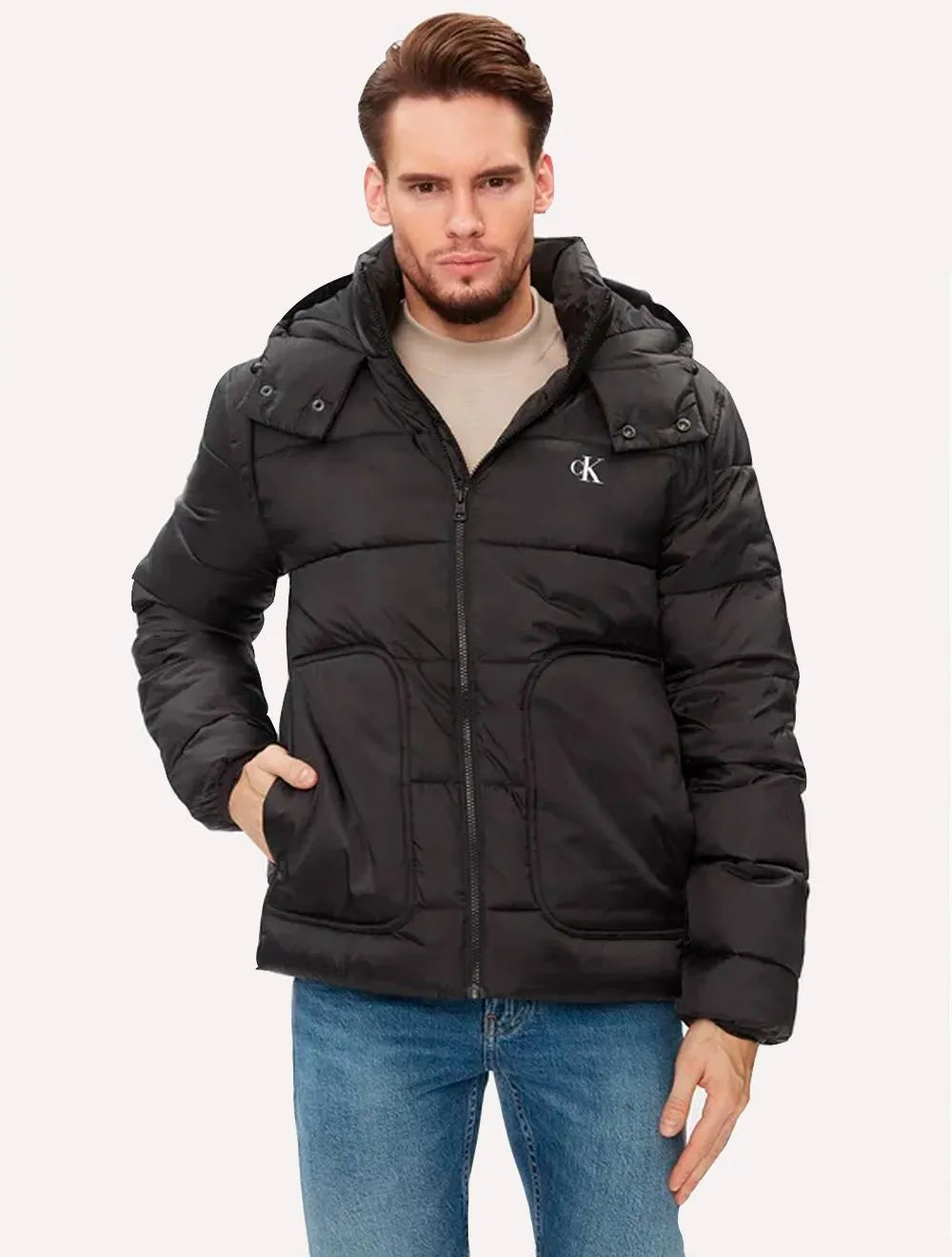 Jaqueta Calvin Klein Jeans Hooded Essential Puffer CK Preta