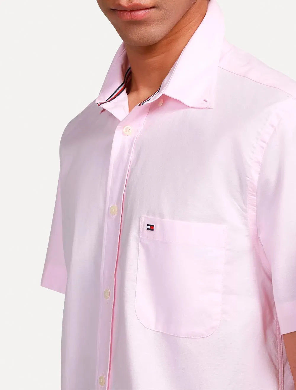 Camisa Tommy Hilfiger Masculina Manga Curta Regular Pocket Poplin Rosa Claro