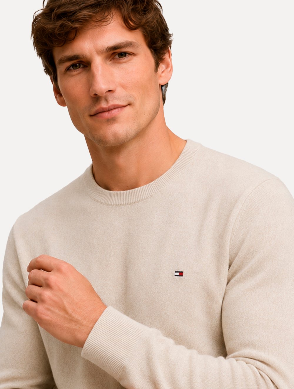 Suéter Tommy Hilfiger Masculino Crewneck Essential Cotton Areia Claro