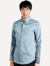 Camisa Armani Exchange Masculina Slim Fit Hidden Button Mono Logo Azul Índigo