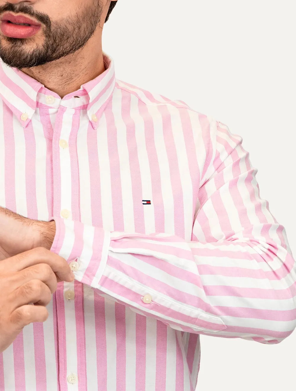 Camisa Tommy Hilfiger Masculina Oxford Slim Bold Stripe Rosa Claro