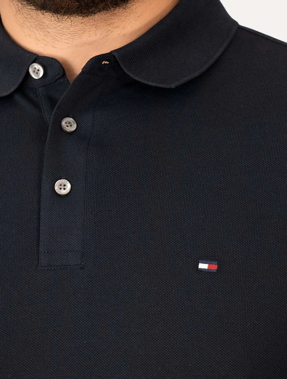 Polo Tommy Hilfiger Masculina Slim Piquet Classic Flag Cuff Azul Marinho