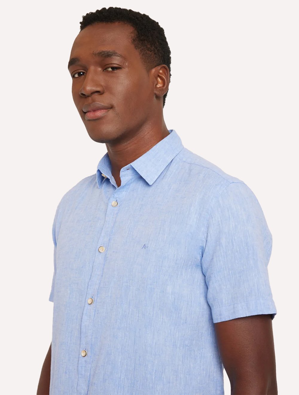 Camisa Aramis Masculina Manga Curta Slim Linho Algodão Azul Claro Mescla