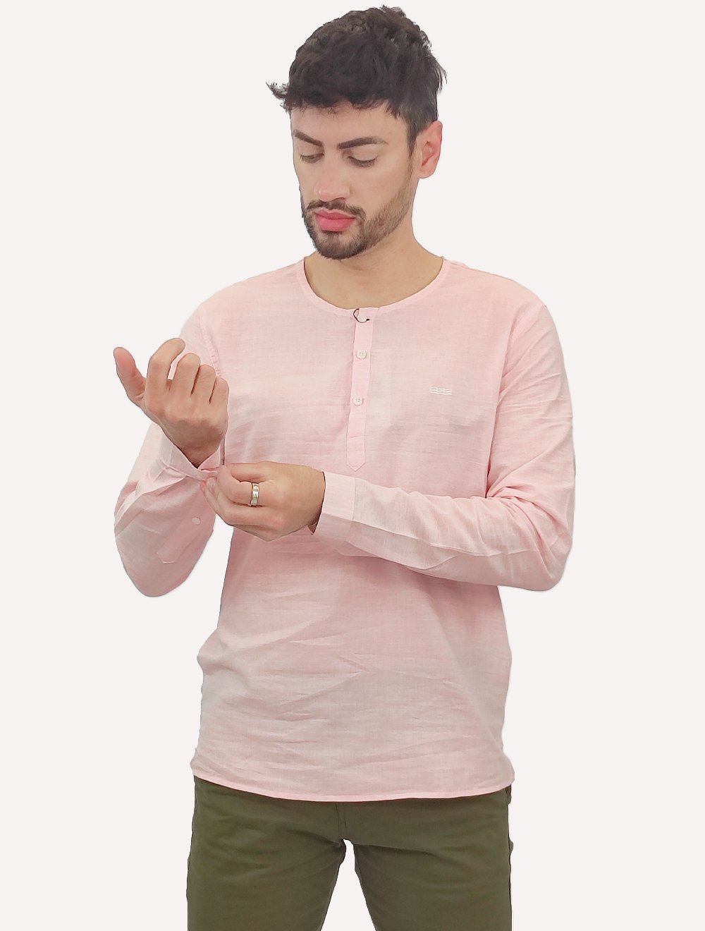 Camiseta King & Joe Bata Masculina Manga Longa Henley Rosa Claro Mescla