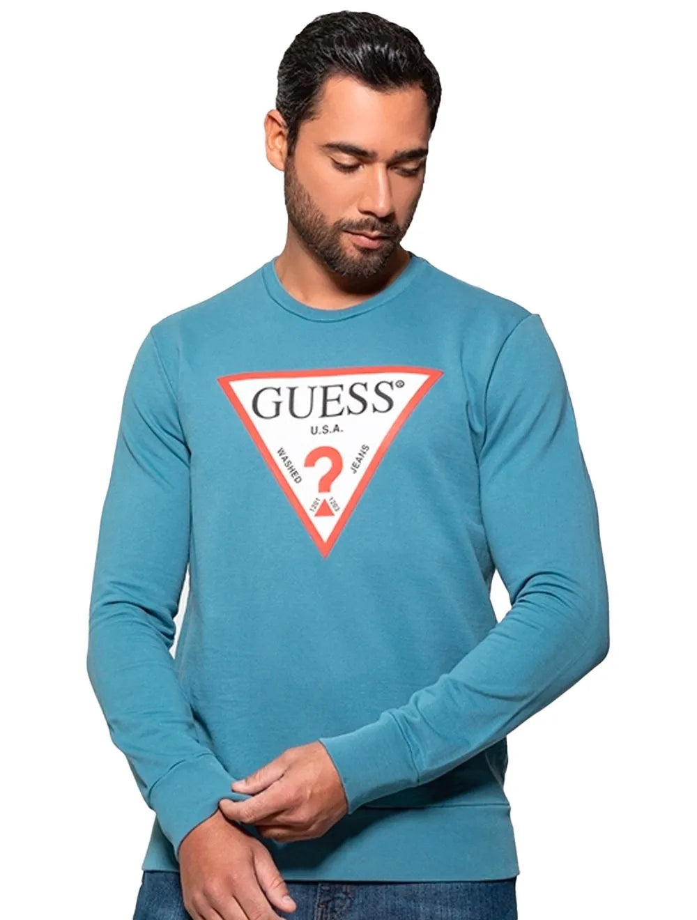 Moletom Guess Masculino Crewneck Triangle Logo Azul Médio
