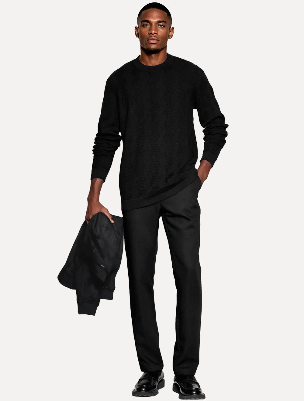 Suéter Aramis Masculino Tricot Crewneck Jacquard Tresse Preto