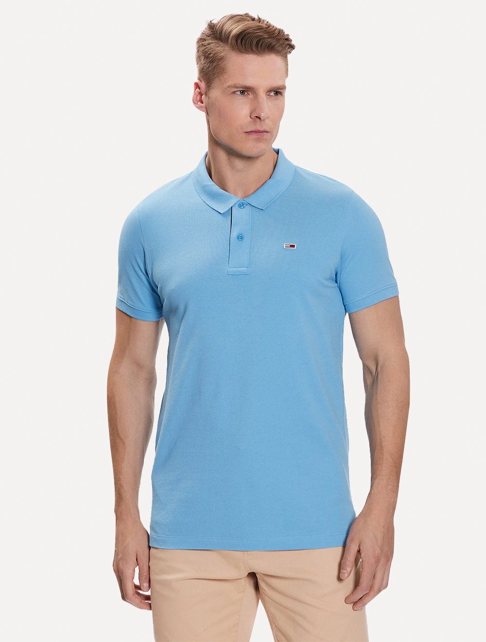 Polo Tommy Jeans Masculina Slim Piquet Flag Placket Azul Claro