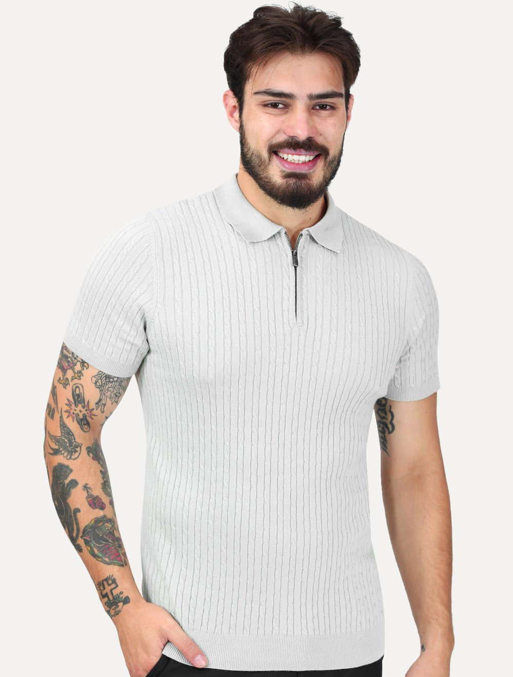 Tricô Dixen Manga Curta Gola Polo Ziper Cinza