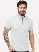 Tricô Dixen Manga Curta Gola Polo Ziper Cinza