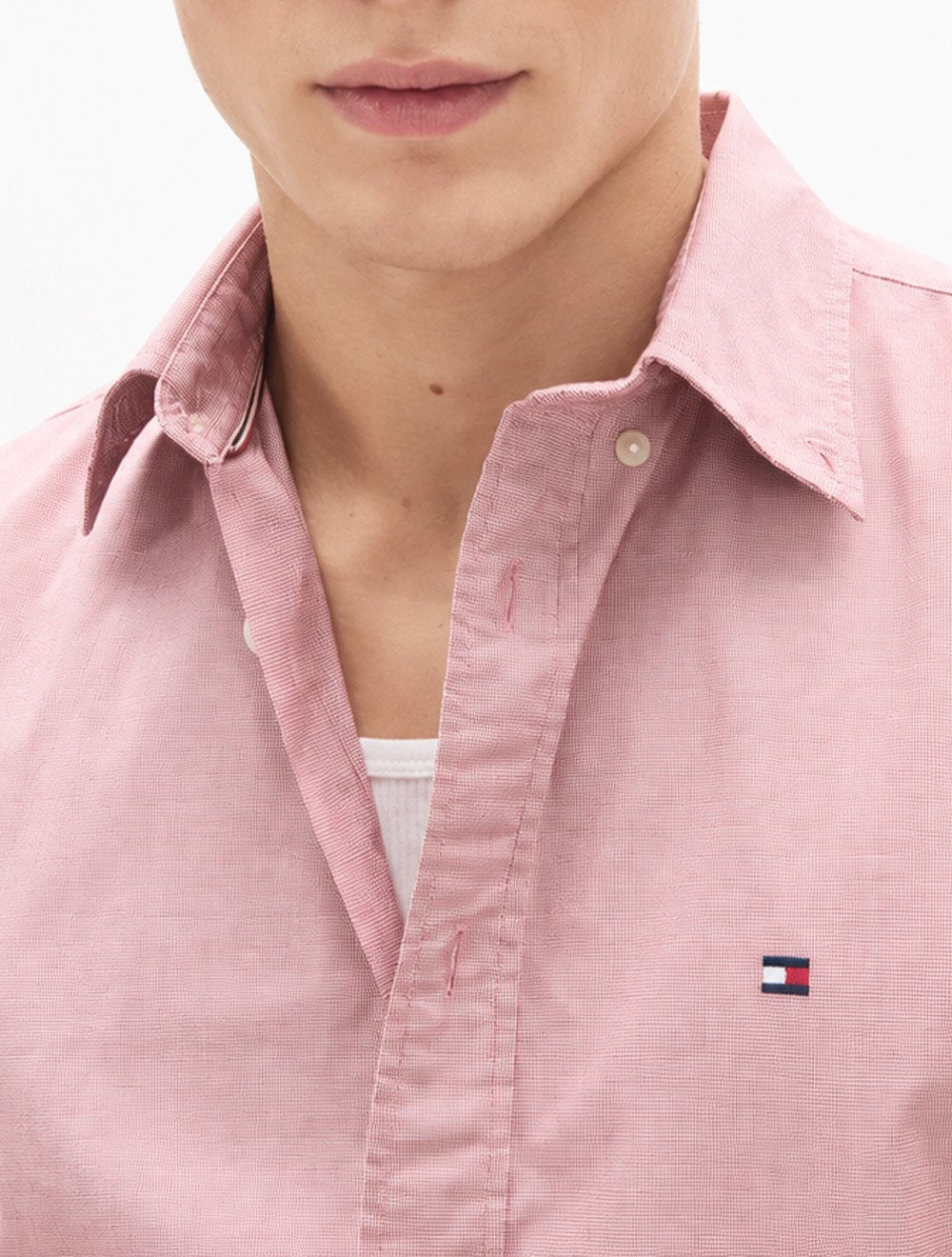 Camisa Tommy Hilfiger Masculina Manga Curta Regular Houndstooth Mini Xadrez Rosa