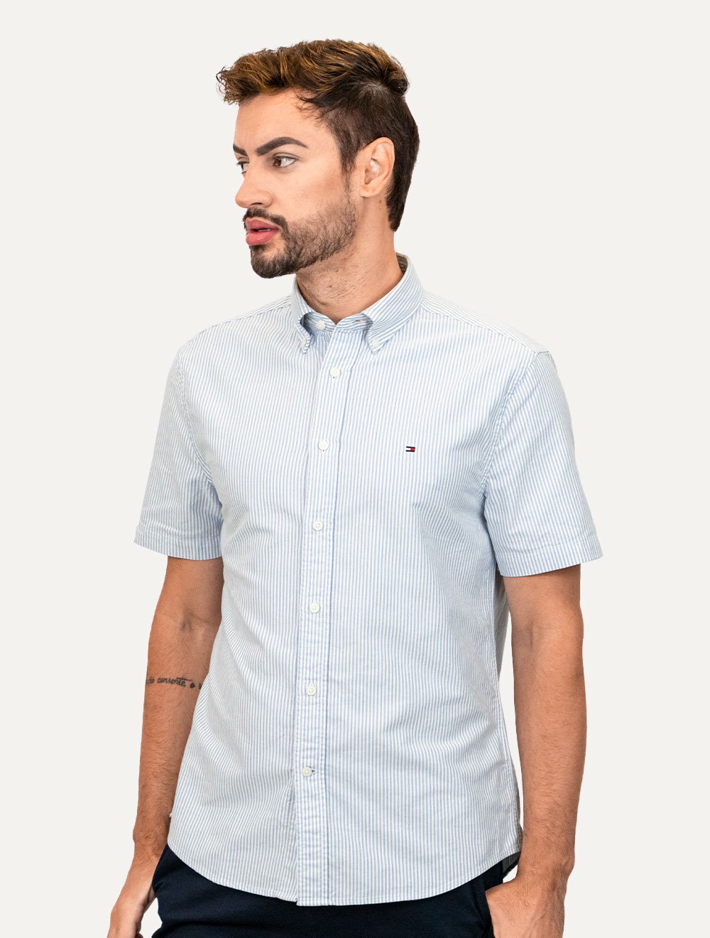 Camisa Tommy Hilfiger Masculina Manga Curta Regular Oxford Stripes Azul Mescla
