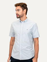 Camisa Tommy Hilfiger Masculina Manga Curta Regular Oxford Stripes Azul Mescla