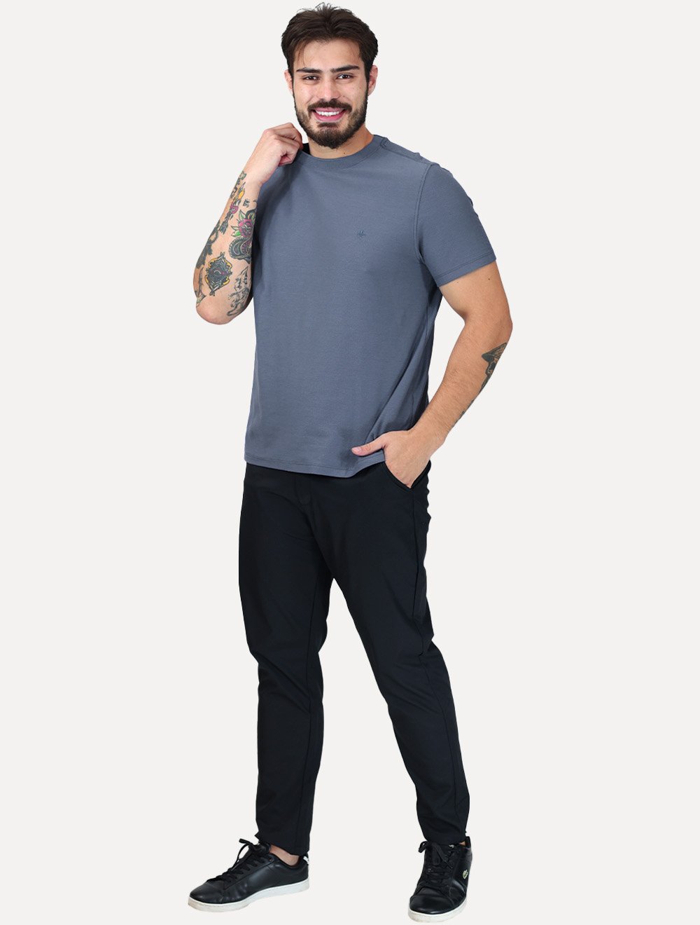 Camiseta Dudalina Regular Fit Jacquard Listras Azul Médio