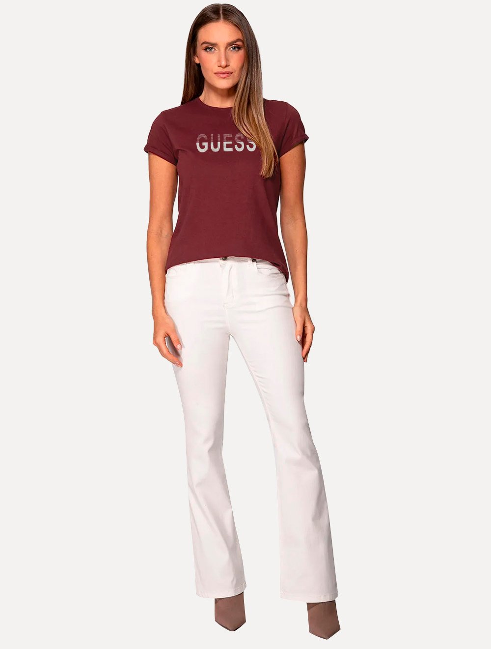 Camiseta Guess Feminina Bold Half Stripes Logo Vermelho Escuro