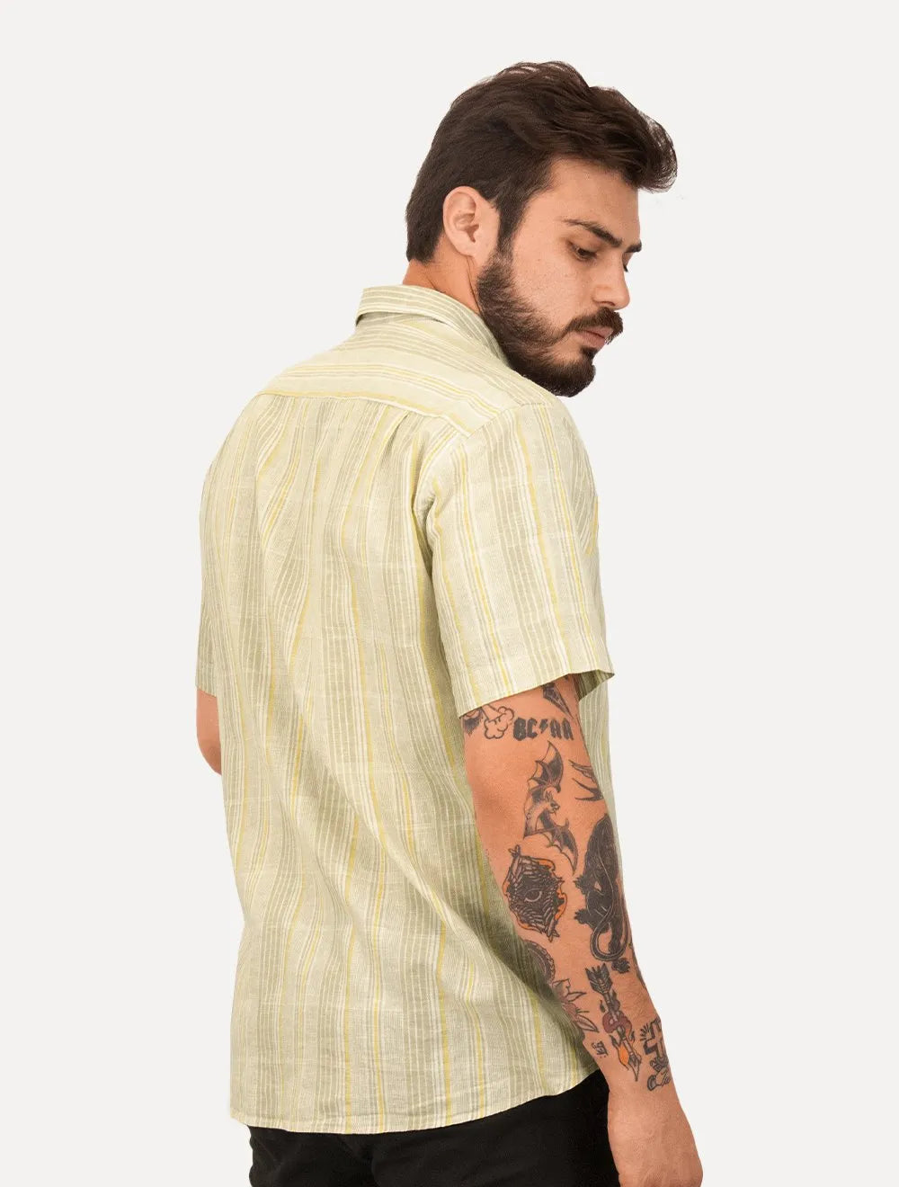 Camisa Dudalina Masculina Manga Curta Comfort Superfine Cotton Listrada Cáqui