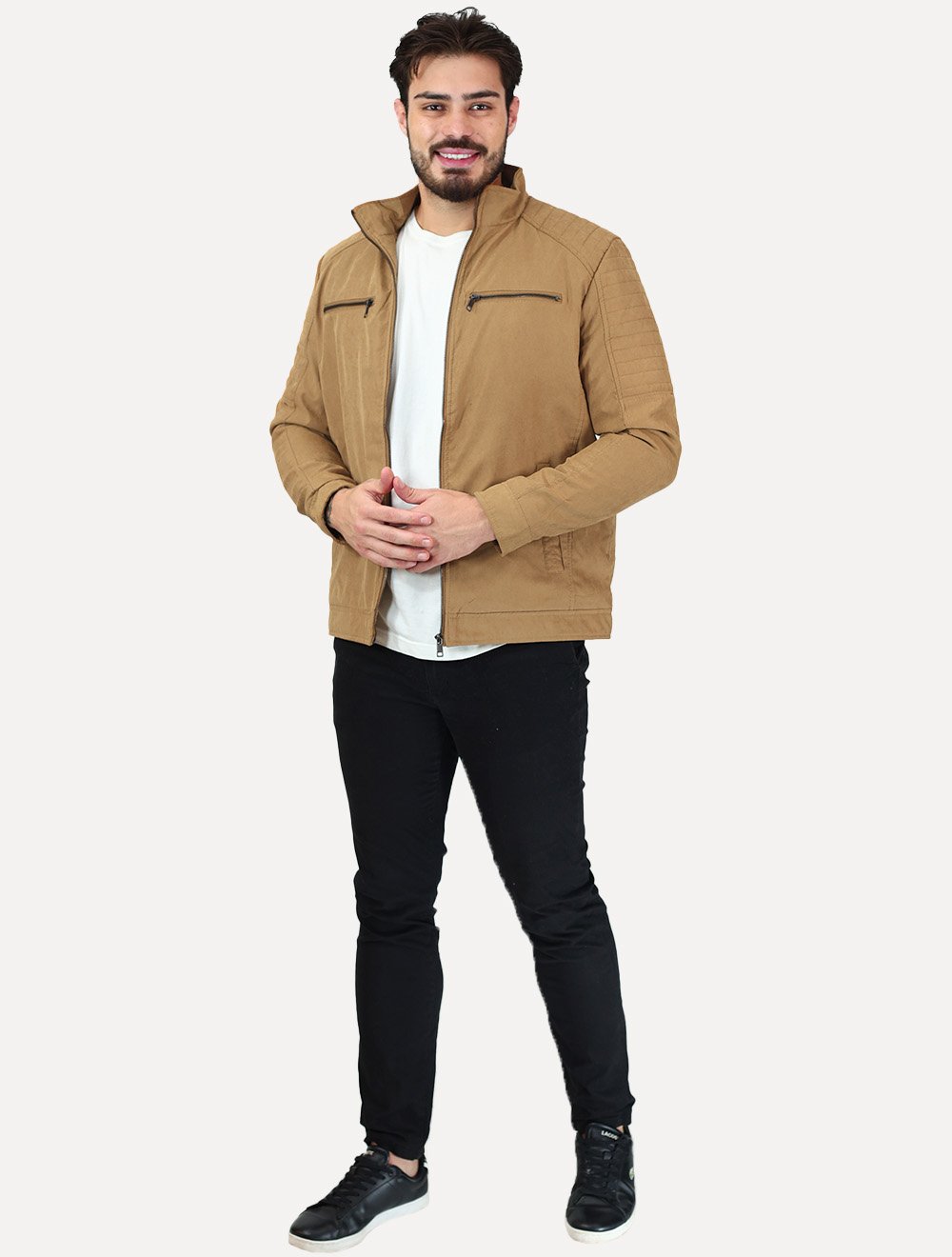 Jaqueta Dixen Masculina Sarja Forrada Zíper Frontal Pesponto nas Mangas Caramelo