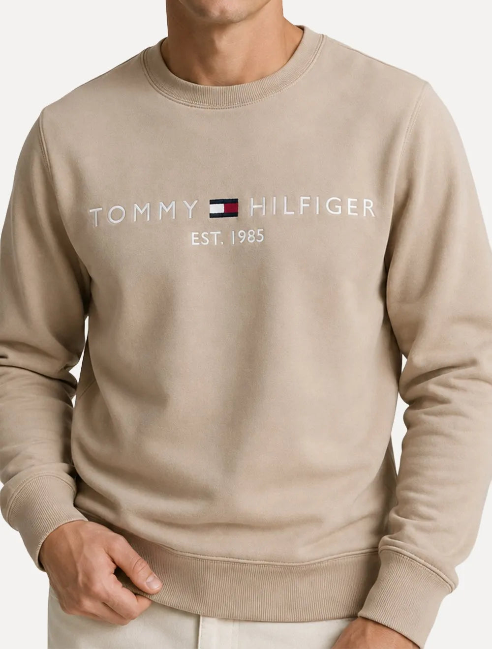 Moletom Tommy Hilfiger Masculino Fleece Logo Crewneck Cáqui