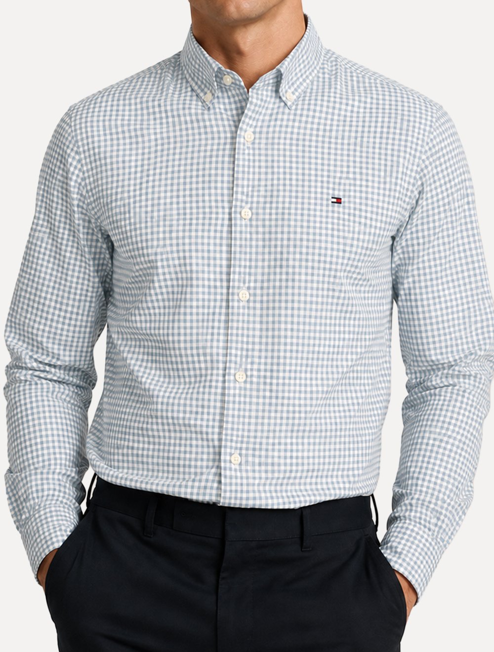 Camisa Tommy Hilfiger Masculina Oxford Regular Gingham Branca/Azul Claro