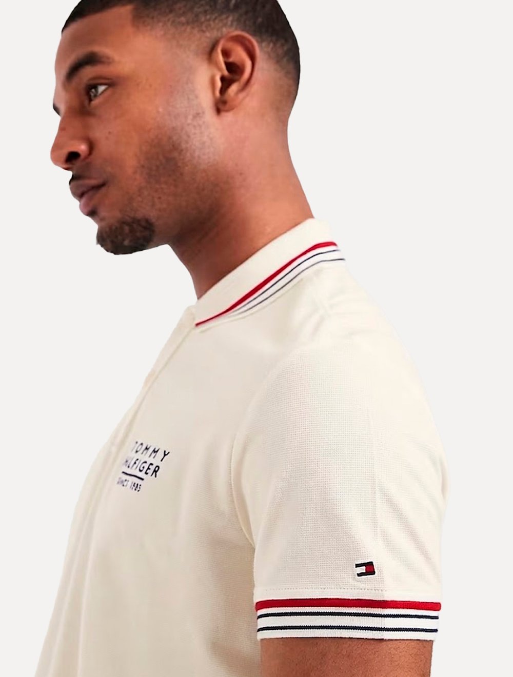 Polo Tommy Hilfiger Masculina Regular Stripe Collar Cuff Detail Off White