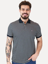 Polo Tommy Hilfiger Masculina Malha Liquid Cotton Regular Fit Listrada Azul Marinho Off White
