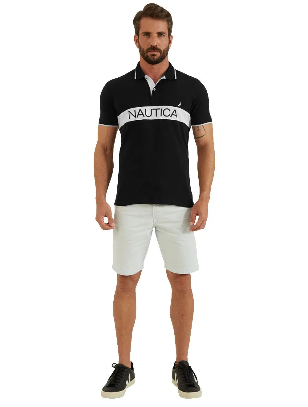 Polo Nautica Masculina Piquet Frisos Logo Colorblock Preta