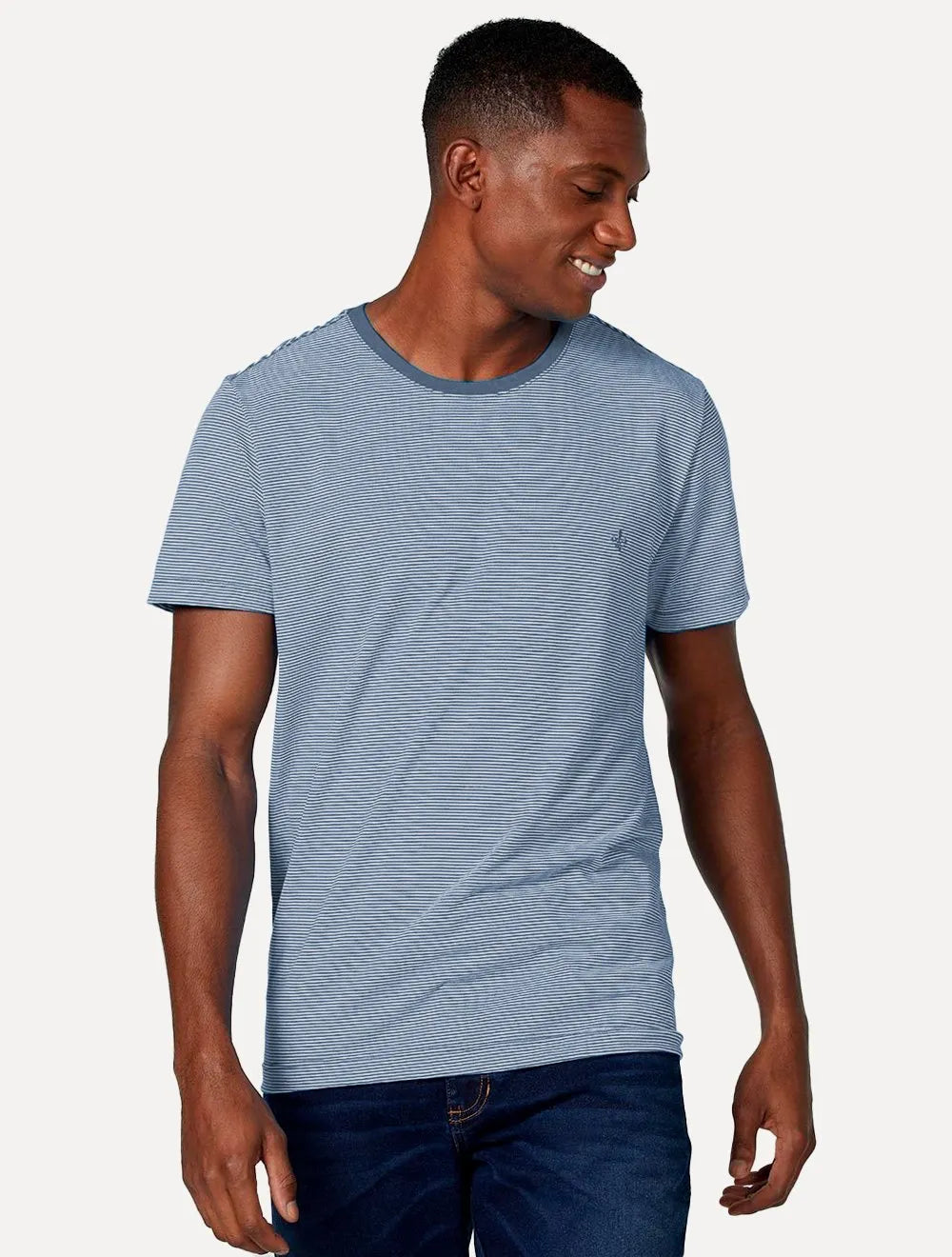 Camiseta Dudalina Masculina Crewneck Listrada Azul Médio