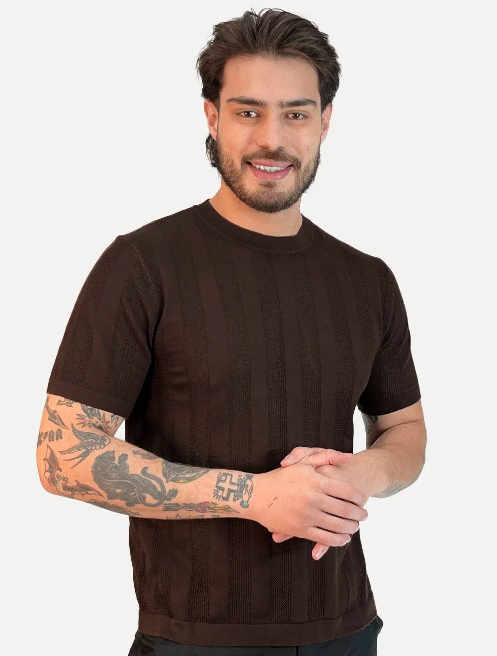 Camiseta Dixen Masculina Tricot Vertical Manga Curta Gola Careca Marrom