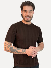 Camiseta Dixen Masculina Tricot Vertical Manga Curta Gola Careca Marrom