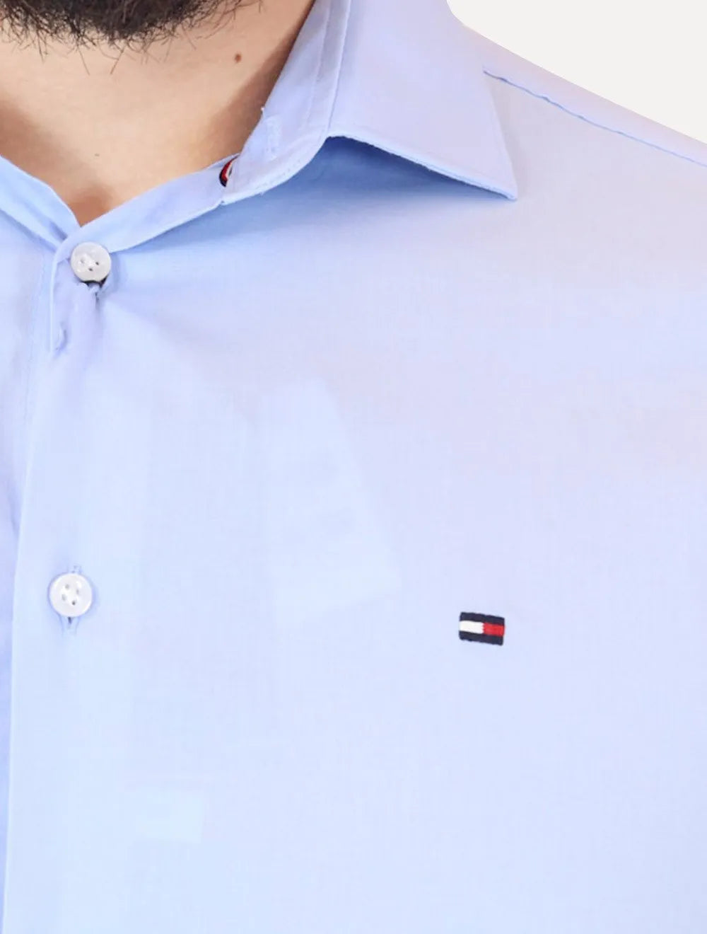 Camisa Tommy Hilfiger Masculina Slim THFlex Poplin Azul Claro