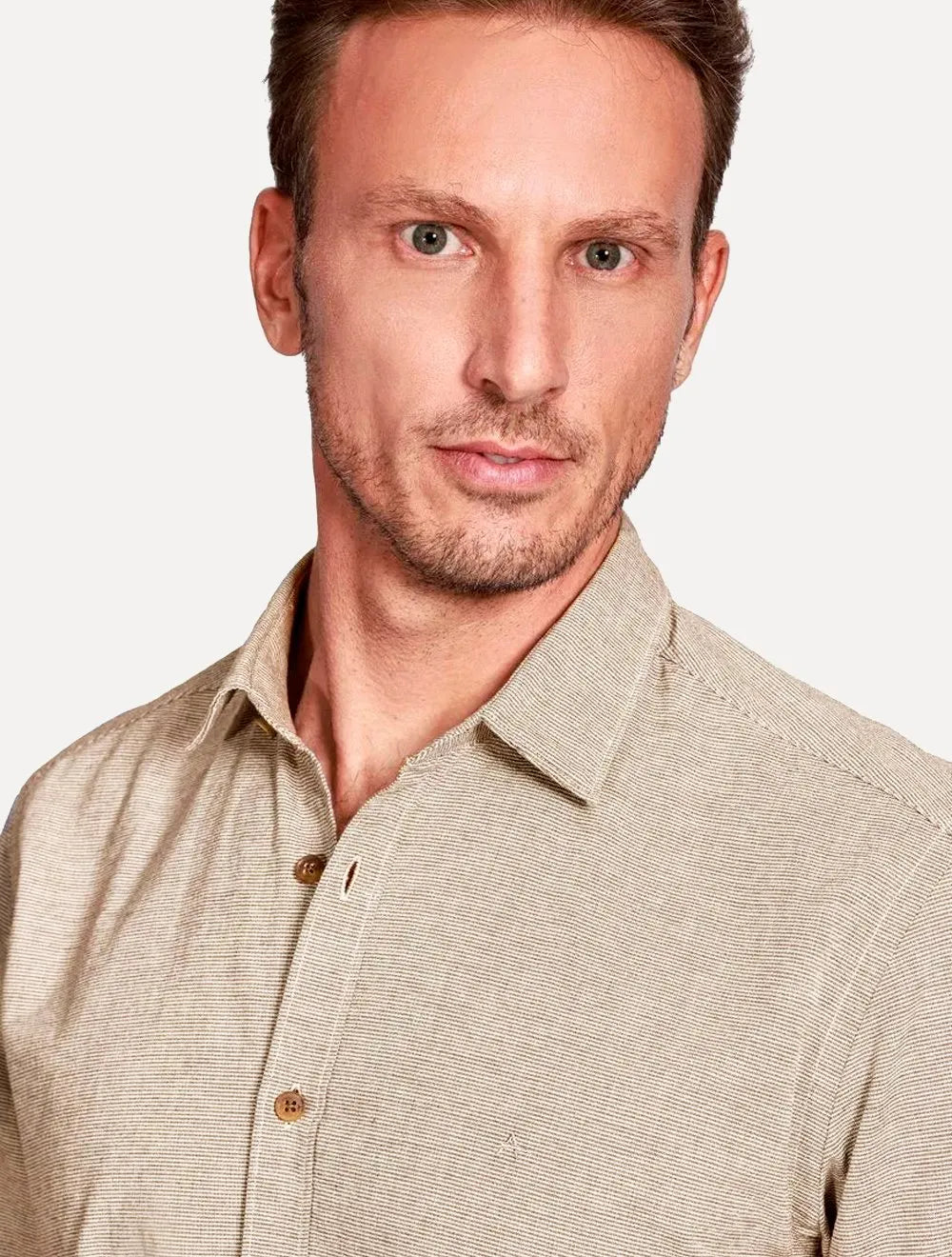 Camisa Aramis Masculina Manga Curta Slim Falso Liso Belfort Cáqui Mescla