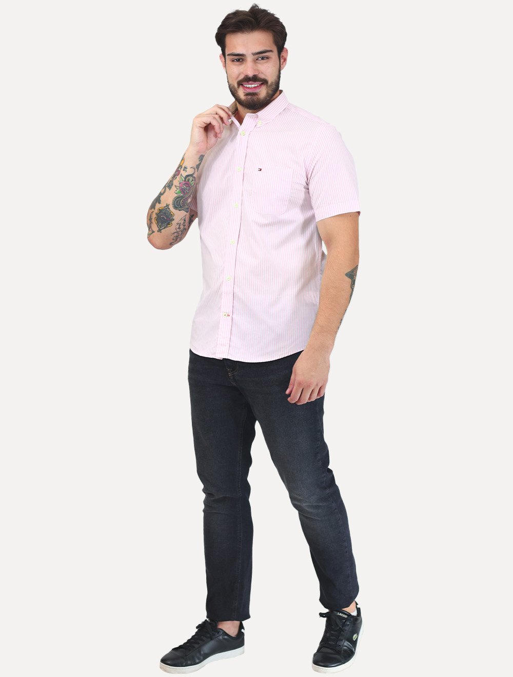 Camisa Tommy Hilfiger Masculina Manga Curta Regular Listrada Oxford Rosa Médio