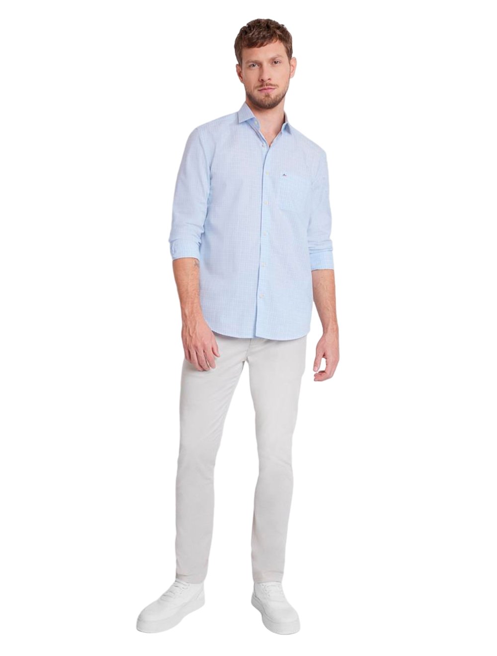 Camisa Aramis Masculina Tricoline Regular Micro Xadrez Azul Claro