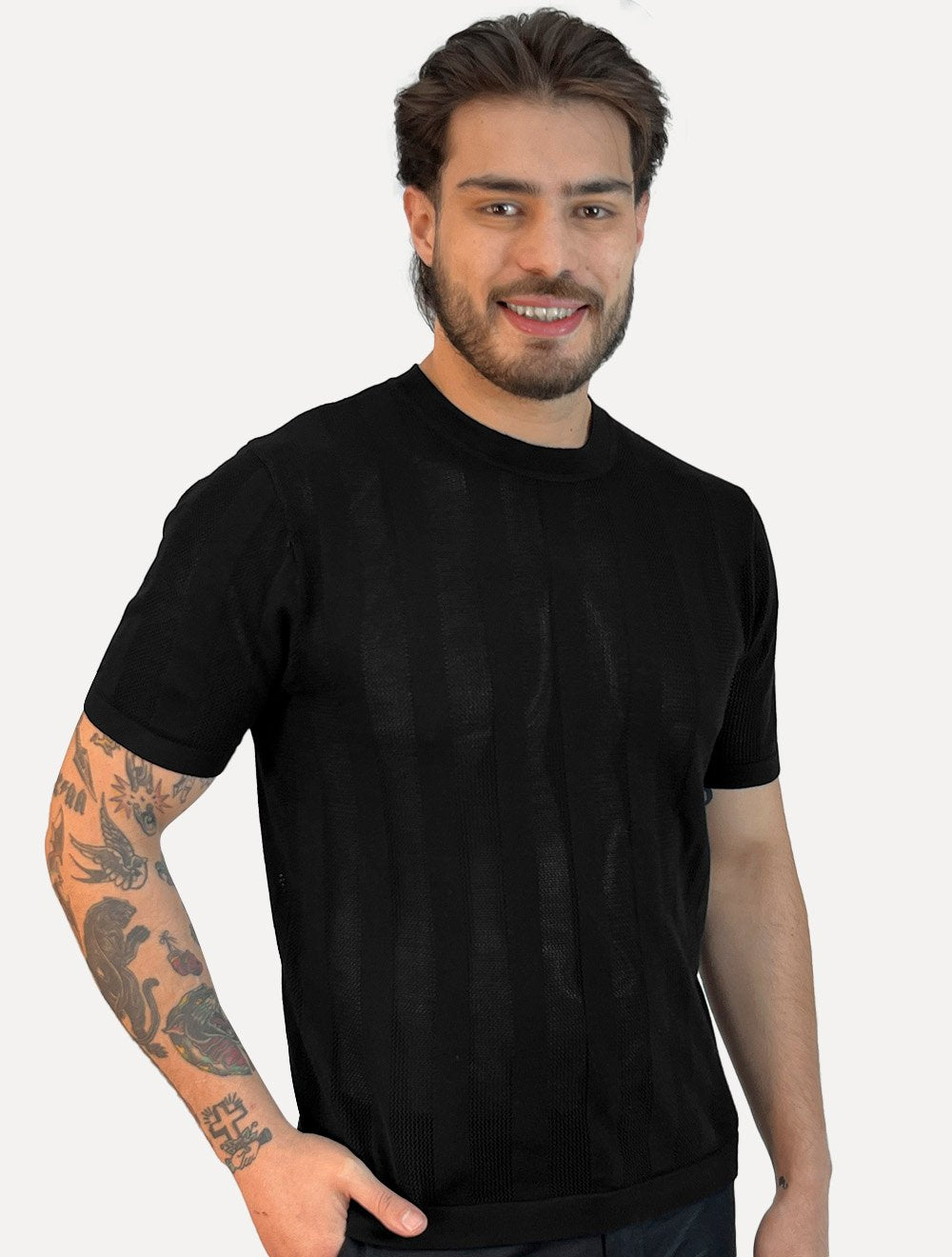 Camiseta Dixen Masculina Tricot Vertical Manga Curta Gola Careca Preto