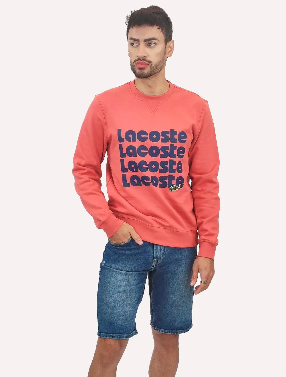 Moletom Lacoste Masculino Crewneck Classic Fit Blue Logo Vermelho