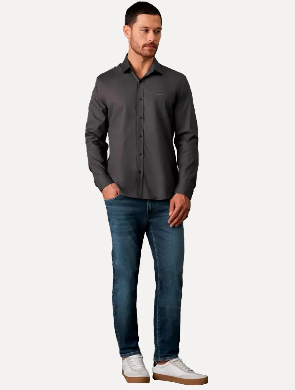 Camisa Calvin Klein Jeans Masculina Básica Logo Peito Chumbo