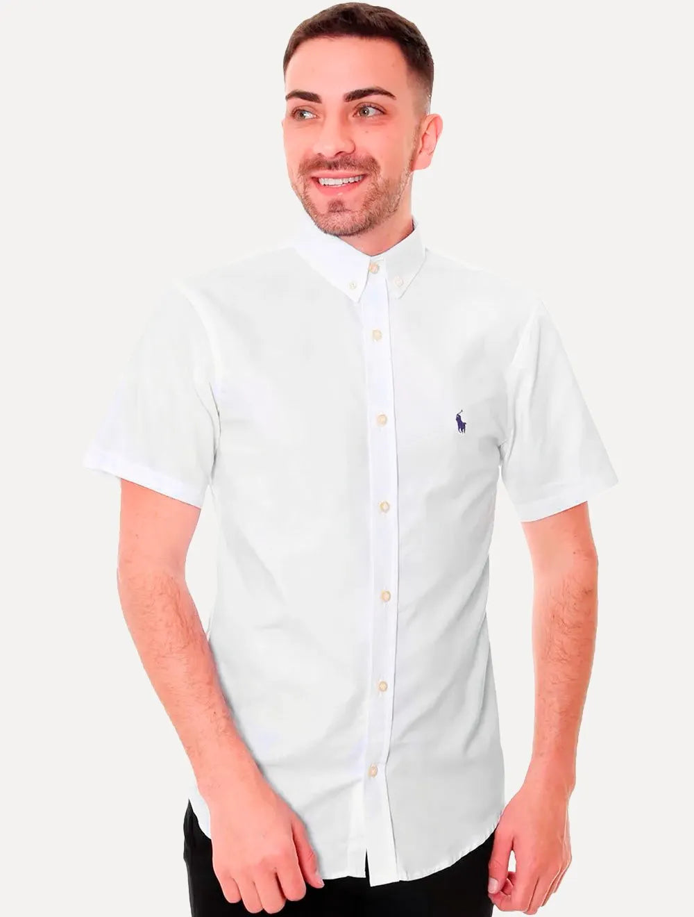 Camisa Ralph Lauren Masculina Manga Curta Custom Fit Oxford Branca