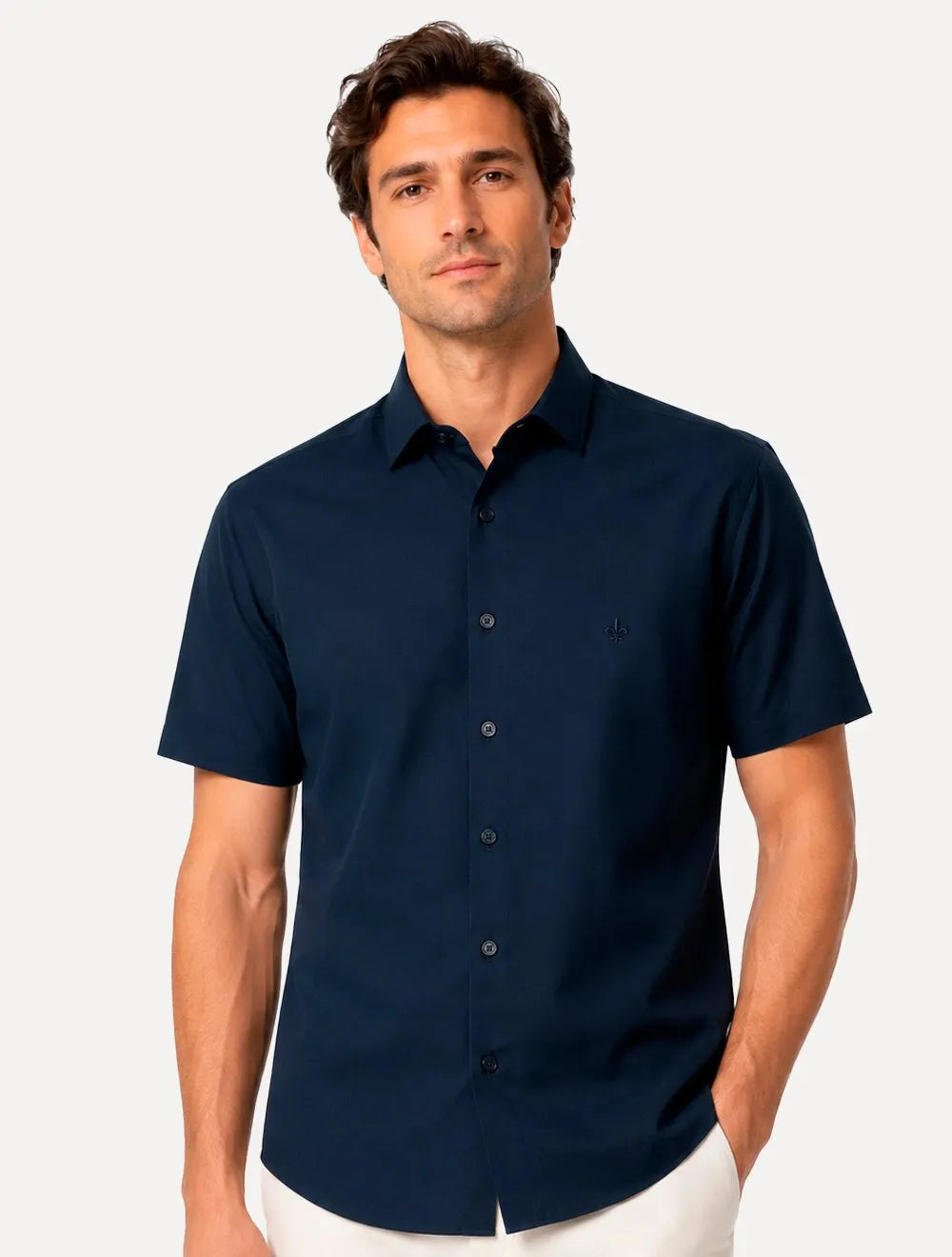 Camisa Dudalina Masculina Manga Curta Slim Superfine Cotton Tricoline Lisa Azul Marinho