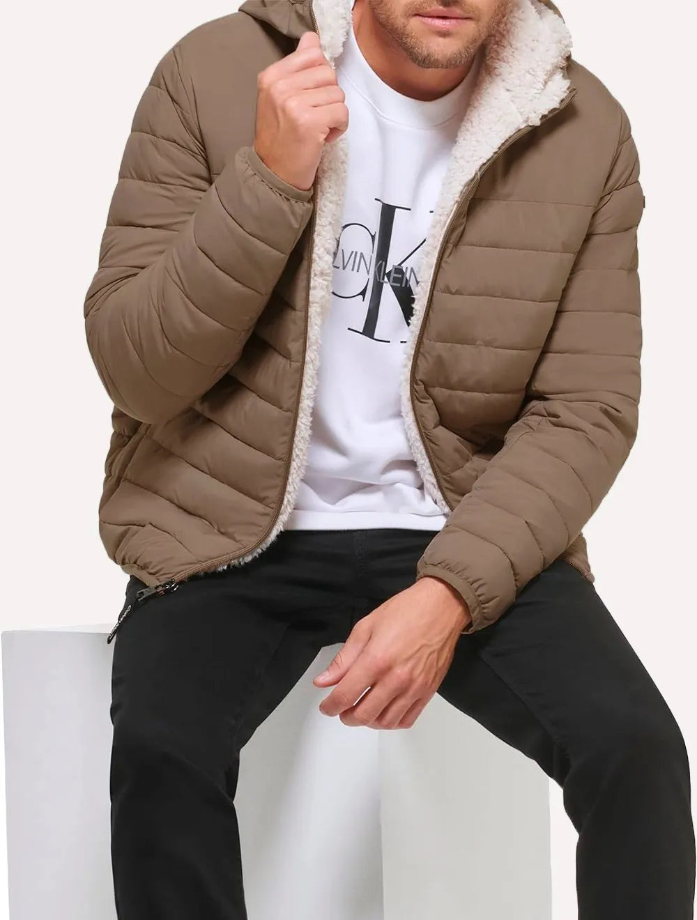 Jaqueta Calvin Klein Masculina Hoodie Matelassê Sherpa Cáqui